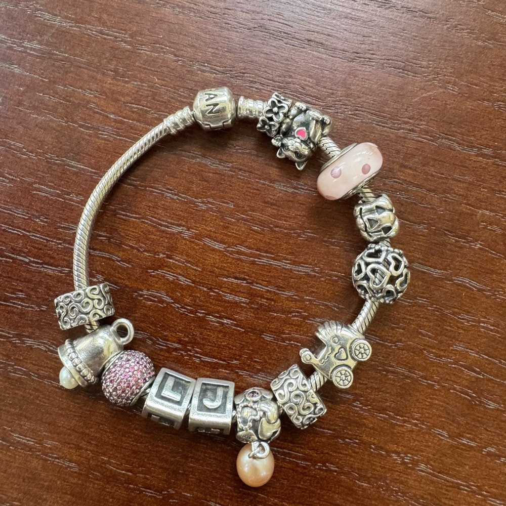 Sterling Silver Charm Bracelet with Pink and Cream Beads
